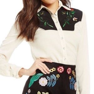 Gianni Bini Cream and Black Floral Button-Down Shirt